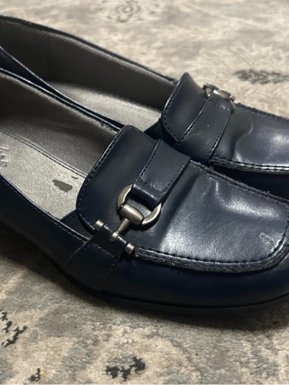 Life Stride Navy Leather Slip-On Loafers with Metal Bit